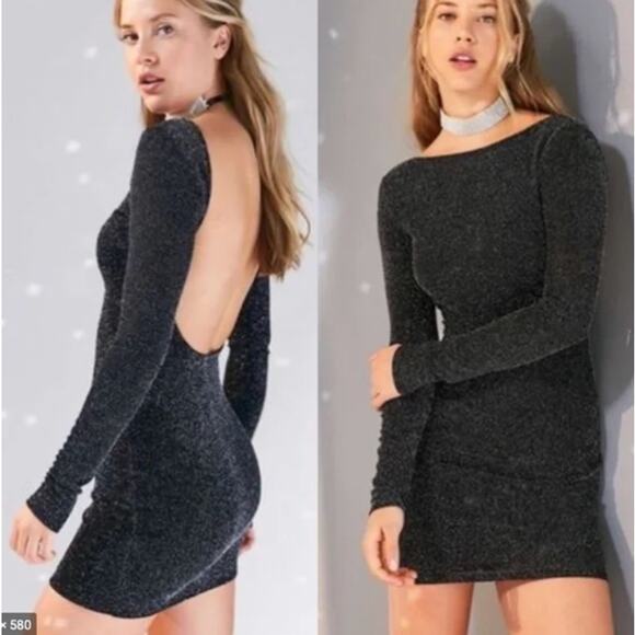 Silence + Noise L Black Gold Open Back Shimmer Long Sleeve Mini Dress Bodycon - Picture 10 of 11